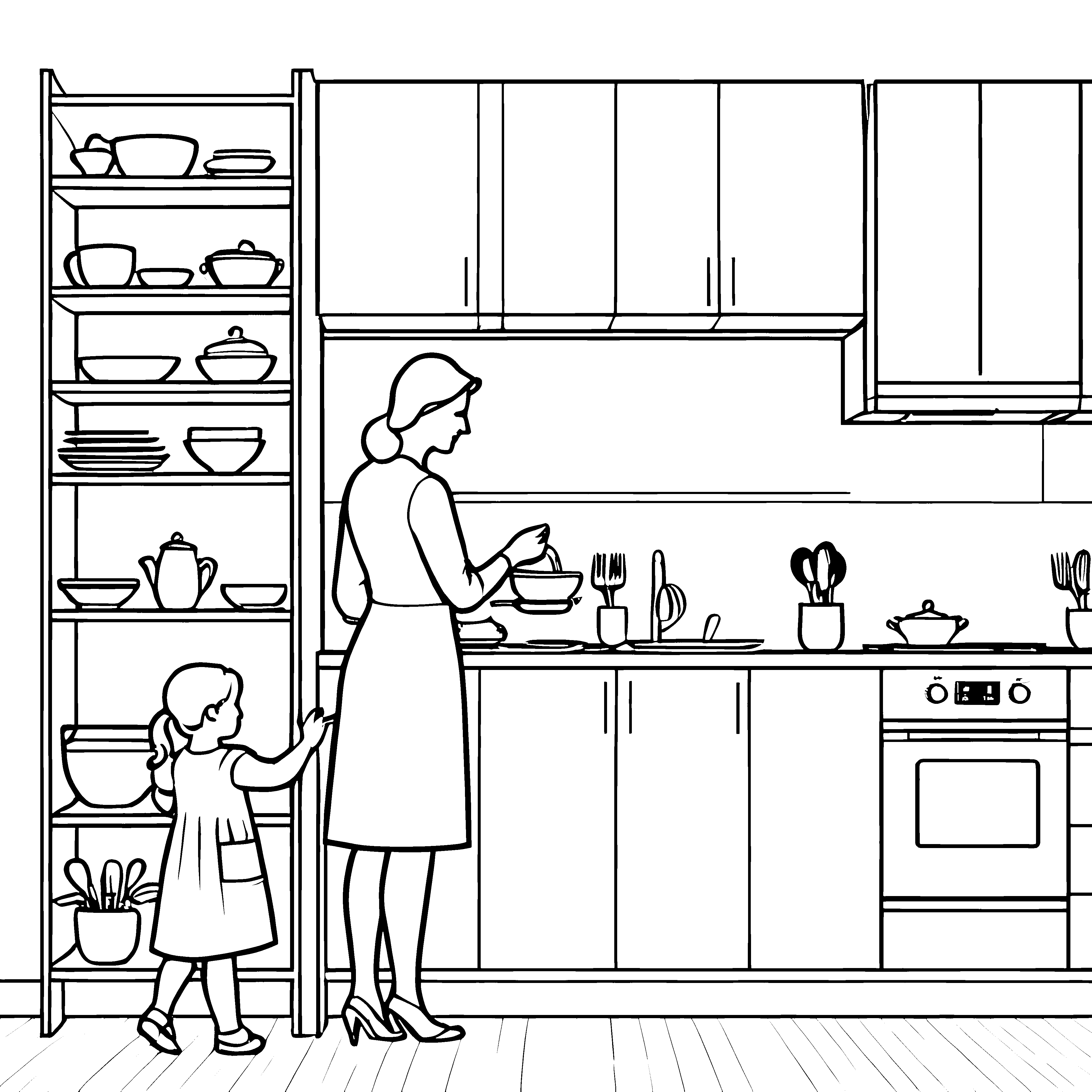 Entzückende Küchenszene mit Mutter und Kind Ausmalbild für neugierige kleine Sterneköche