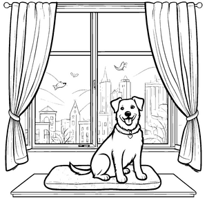 Hunde mit fröhlichem Blick am Fenster Ausmalbild für neugierige Tierliebhaber