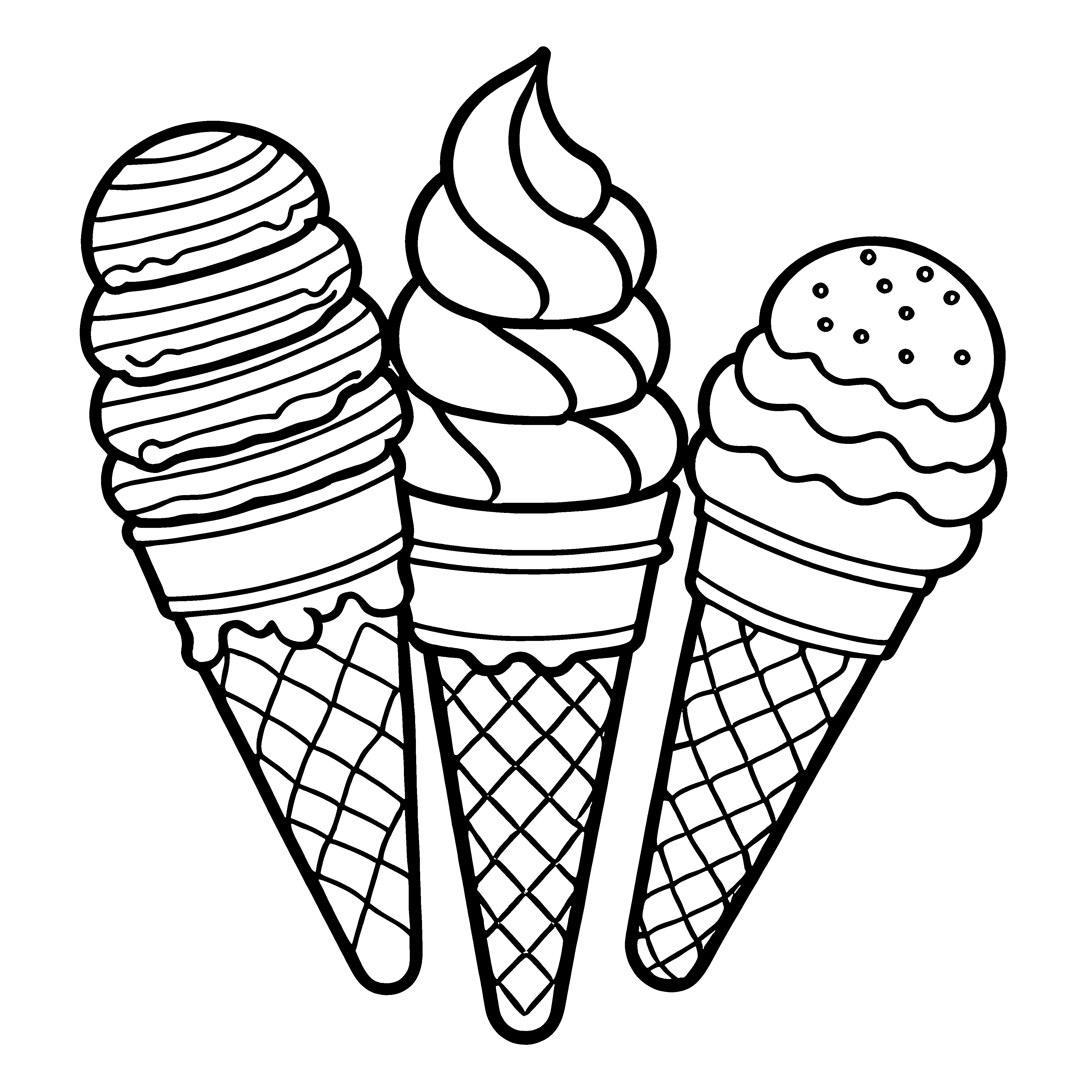 Fröhliche Eiswaffeln mit bunten Lieblingseissorten Ausmalbild für kleine Geschmacksabenteurer
