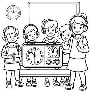 Bunter Radiowecker mit fröhlichen Kindern und Lehrer Ausmalbild für aufmerksame Entdecker