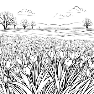 Krokusse im blühenden Feld Ausmalvorlage für kleine Naturfreunde