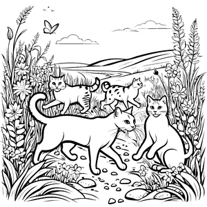 Frohe Katzenfamilie tollen fröhlich im blühenden Feld Ausmalbild für kleine Herzenskünstler