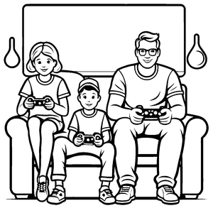 Familie mit Spielcontrollern auf der Couch Ausmalbild für kreative Köpfe