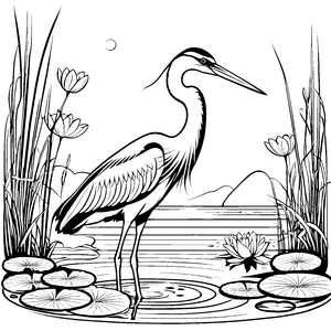 Eleganter Reiher im sanften Wasser mit Lotusblüten Ausmalvorlage für fantasievolle Wasserzauberer