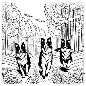 Drei lebhafte Border Collies im grünen Wald Ausmalvorlage für tierbegeisterte Entdecker