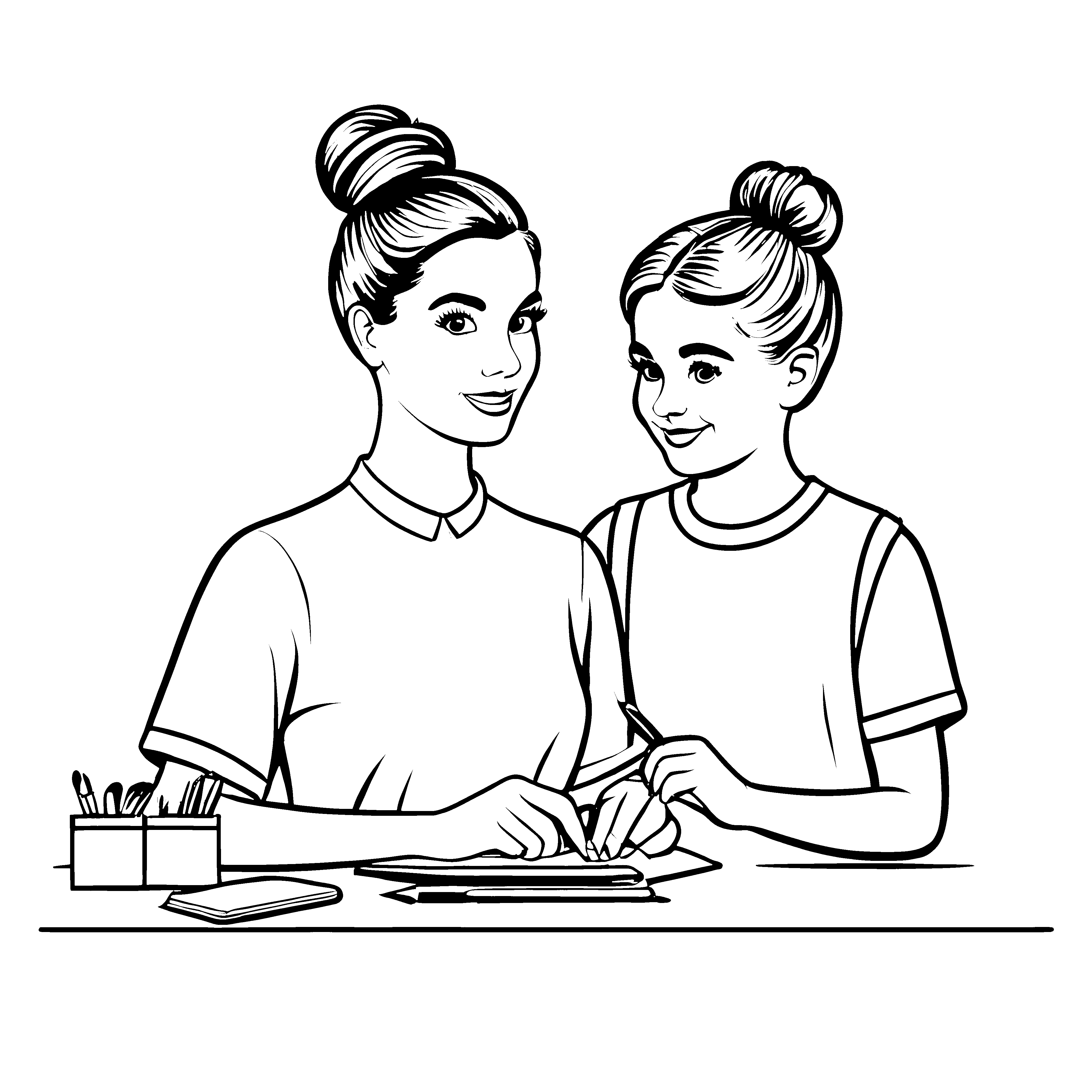 Zwei fröhliche Frauen mit Laptop am Tisch Ausmalbild für kooperative Entdecker