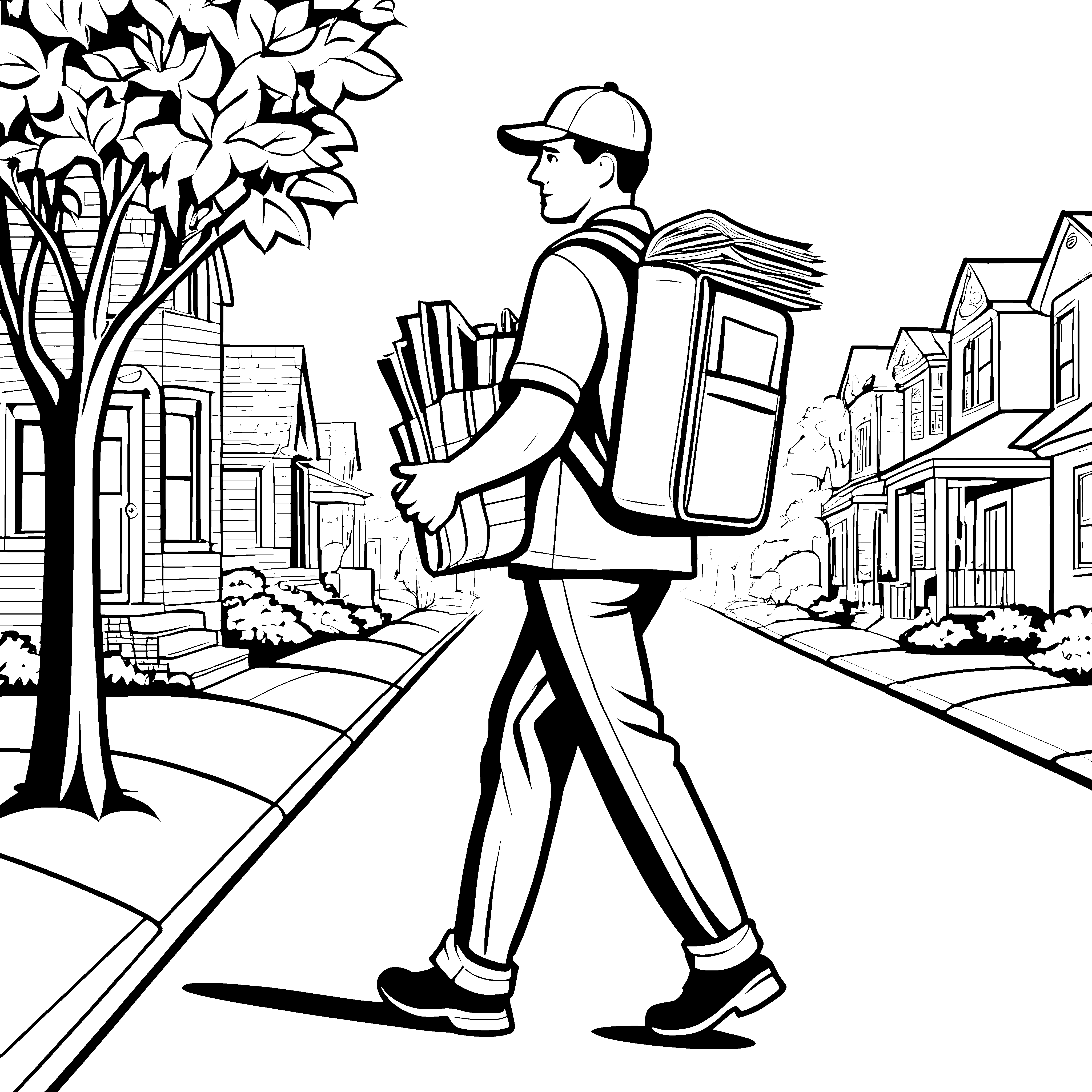 Fleißiger Zeitungsbote mit großen Zeitungstrollen Ausmalvorlage für kleine Entdecker mit Fantasie