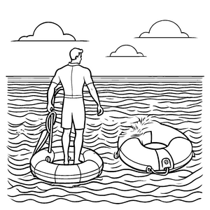 Surfer auf einem Boot mit schwimmendem Hund Ausmalbild für kleine Entdecker