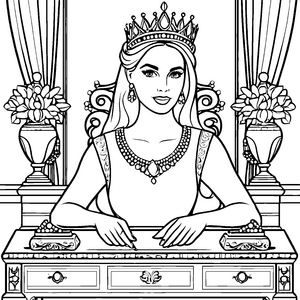Majestätische Königin mit funkelndem Diadem am Tisch Ausmalmotiv für traumhafte Geschichtenerzähler
