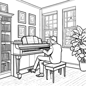 Musizierender Mann am Klavier in gemütlichem Raum Ausmalmotiv für kreative Musikentdecker