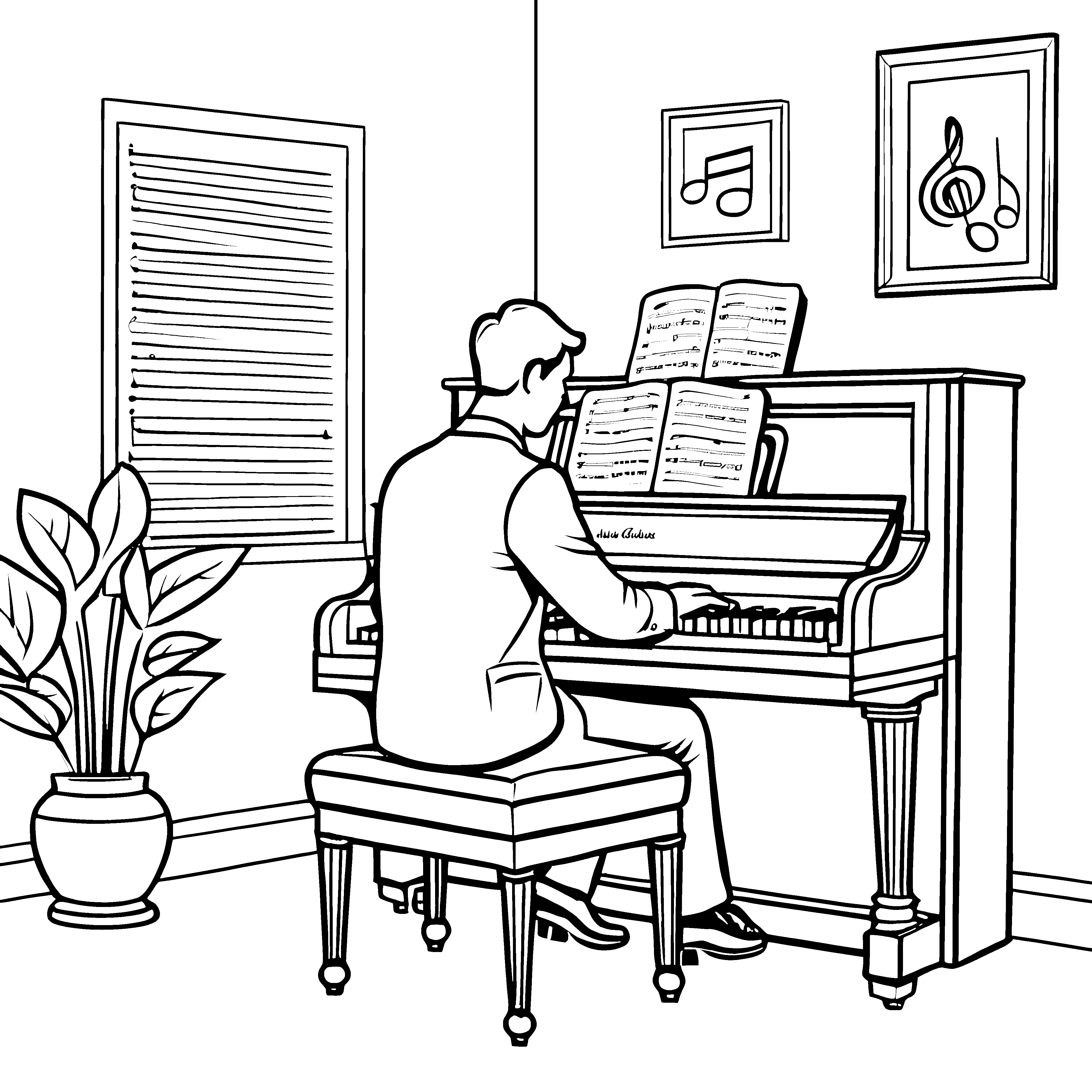 Atmosphärische Klavierwelt mit einem Musiker Ausmalbild für kleine Harmonieträumer