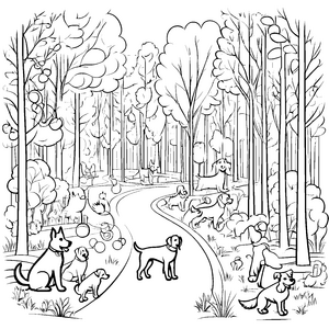 Vier neugierige Hunde erkunden den Waldweg Ausmalbild für kleine Naturfreunde
