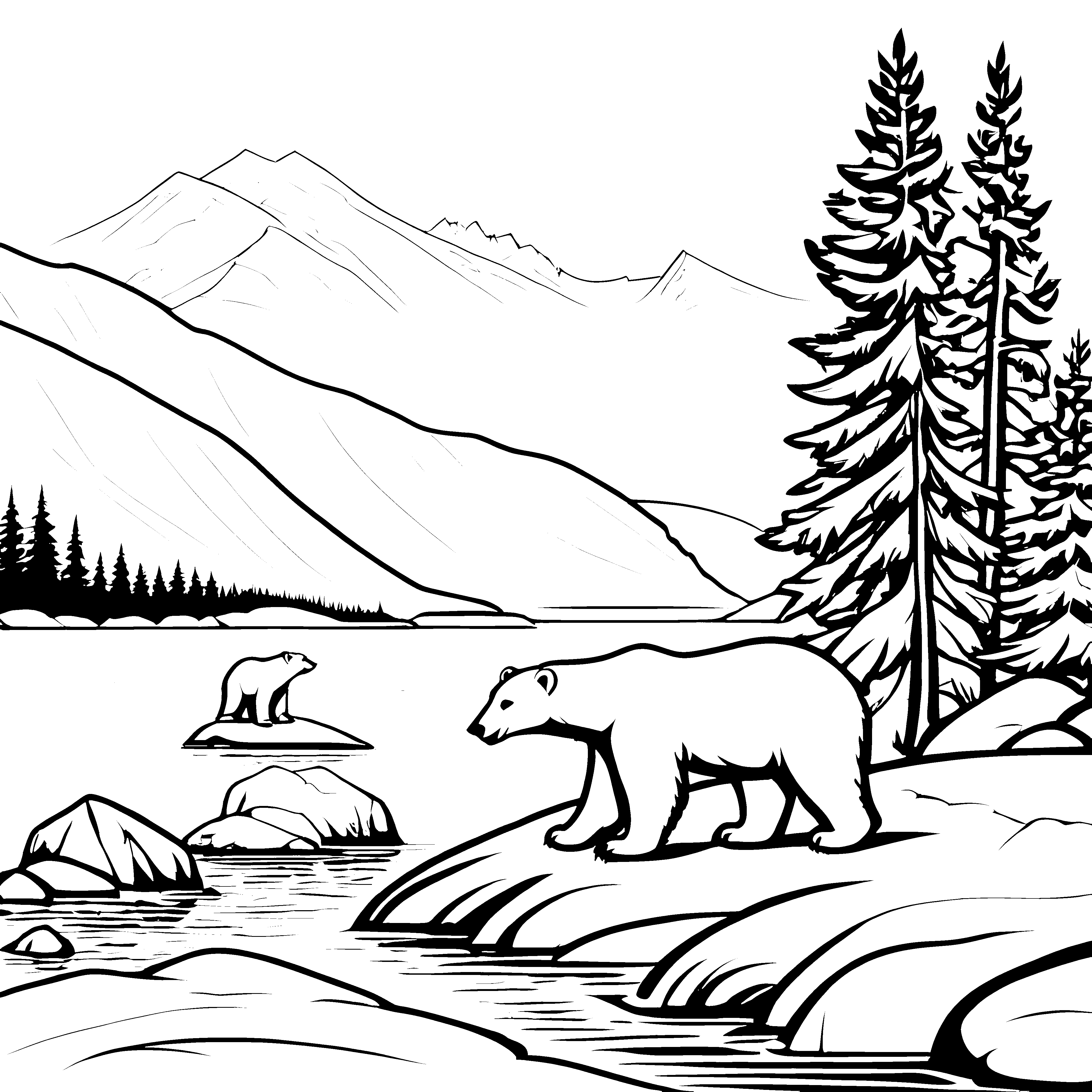 Eisbär am Ufer mit Tannenbaum Ausmalbild für kleine Naturfreunde