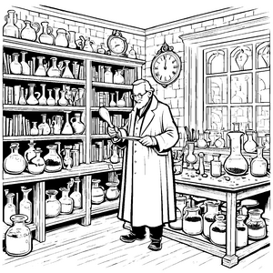 Faszinierender Alchemist mit geheimnisvollen Fläschchen Ausmalbild für kleine Forscher voller Neugier