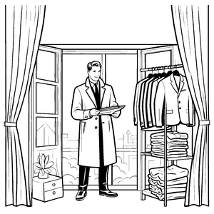 Faszinierender Mann im elegantem Trenchcoat Ausmalbild für stilvolle Entdecker der Modewelt