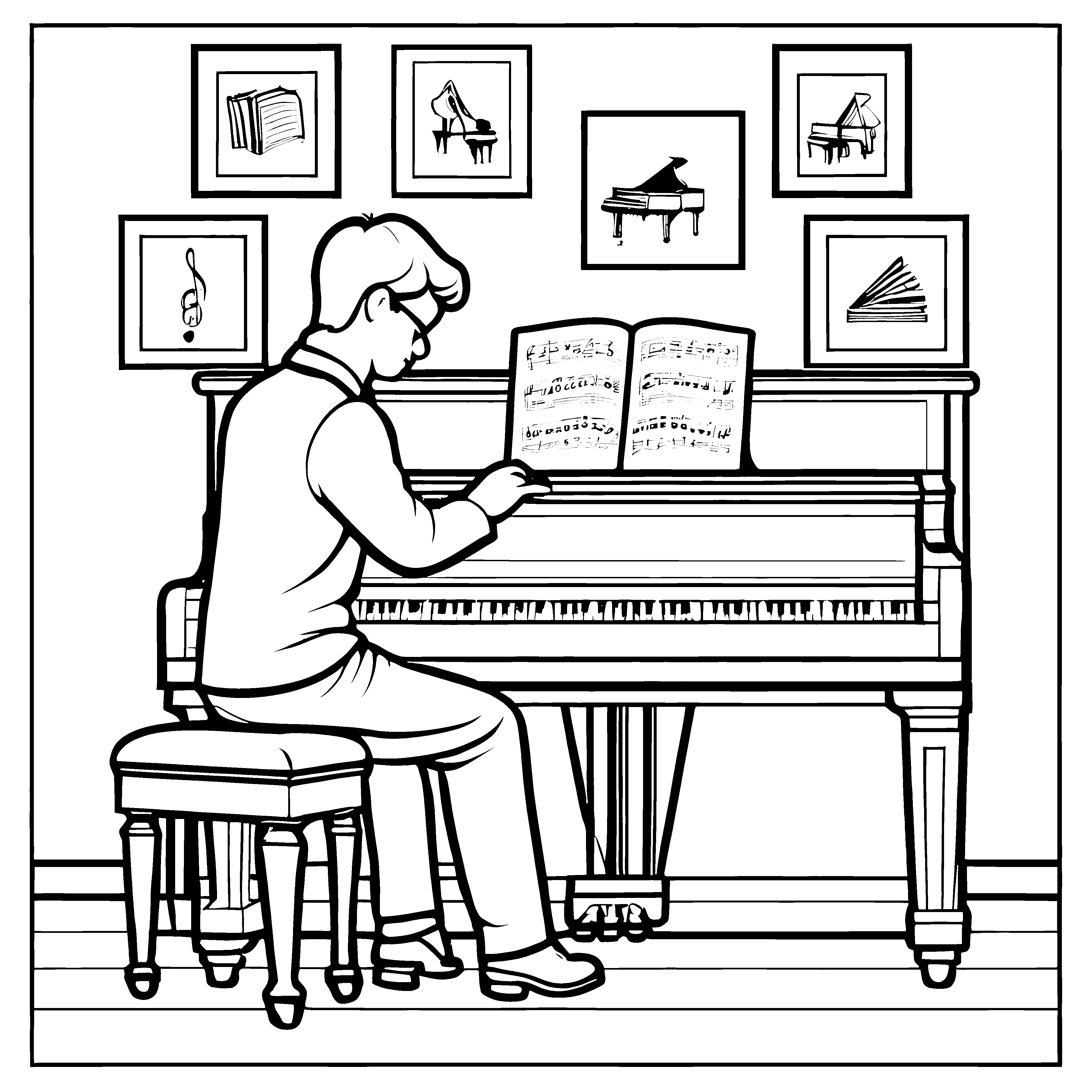 Fröhlicher Pianist mit singenden Vögeln Ausmalbild für musikalische Entdecker
