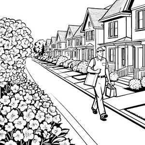 Bezaubernder Mann mit Paketen auf blühender Straße Ausmalvorlage für neugierige Stadtforscher
