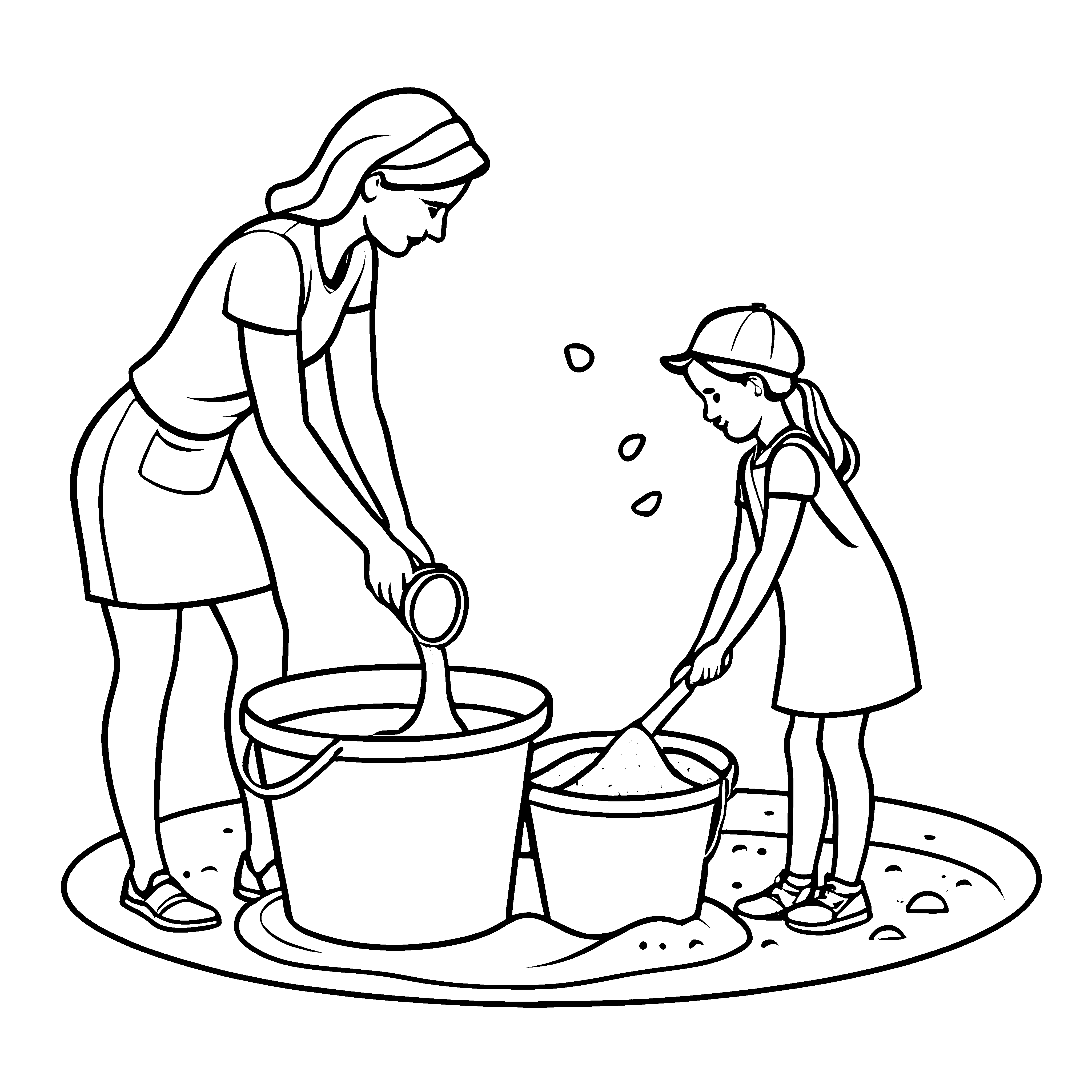 Kreative Sandspiel-Aktion mit Mama und buntem Eimer Malvorlage für neugierige Sandkünstler