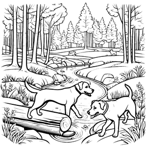 Zwei verspielte Hunde mit Ball im Wald Ausmalmotiv für kleine Spieleschmiedinnen und -schmiede