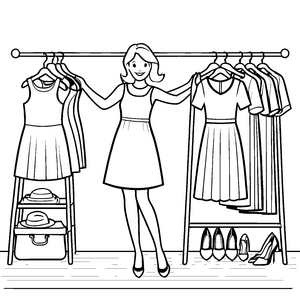 Faszinierende Modeexpertin mit bunten Kleidern Ausmalvorlage für stilbewusste kleine Kreative