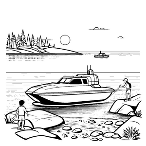 Faszinierendes Luftkissenboot mit staunenden Beobachtern Ausmalbild für kleine Wasserforscher