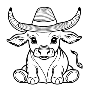 Lustiges Stierbaby mit Sombrero und Blümchen Ausmalbild für kleine Spaßvögel auf kreativer Entdeckungsreise
