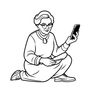 Elderly Woman mit Smartphone in entspannter Pose Ausmalbild für neugierige Technikliebhaber
