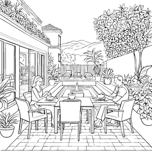 Gesellige Terrasse mit fröhlichen Gästen und Pflanzen Ausmalbild für kleine Freizeitgestalter