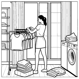 Schicke Frau betrachtet ihre Damen-T-Shirts im Kleiderschrank Ausmalbild für modebewusste Trendsetter