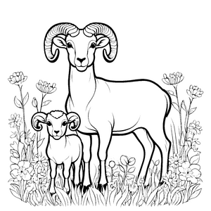 Zwei auffällige Widder mit blühenden Blumen Ausmalvorlage für träumende Tierliebhaber