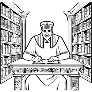 Faszinierender ägyptischer Schreiber am Tisch mit Buch Ausmalbild für kleine Wissenshungrige und Abenteurer