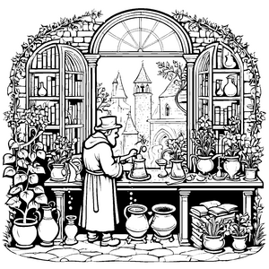 Kreativer Alchemist mit bunten Zaubertränken Malvorlage für fantasievolle Entdecker