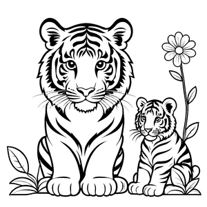 Bezaubernde Tigerfamilie mit fröhlichem Nachwuchs Ausmalvorlage für kleine Abenteurer und Entdecker
