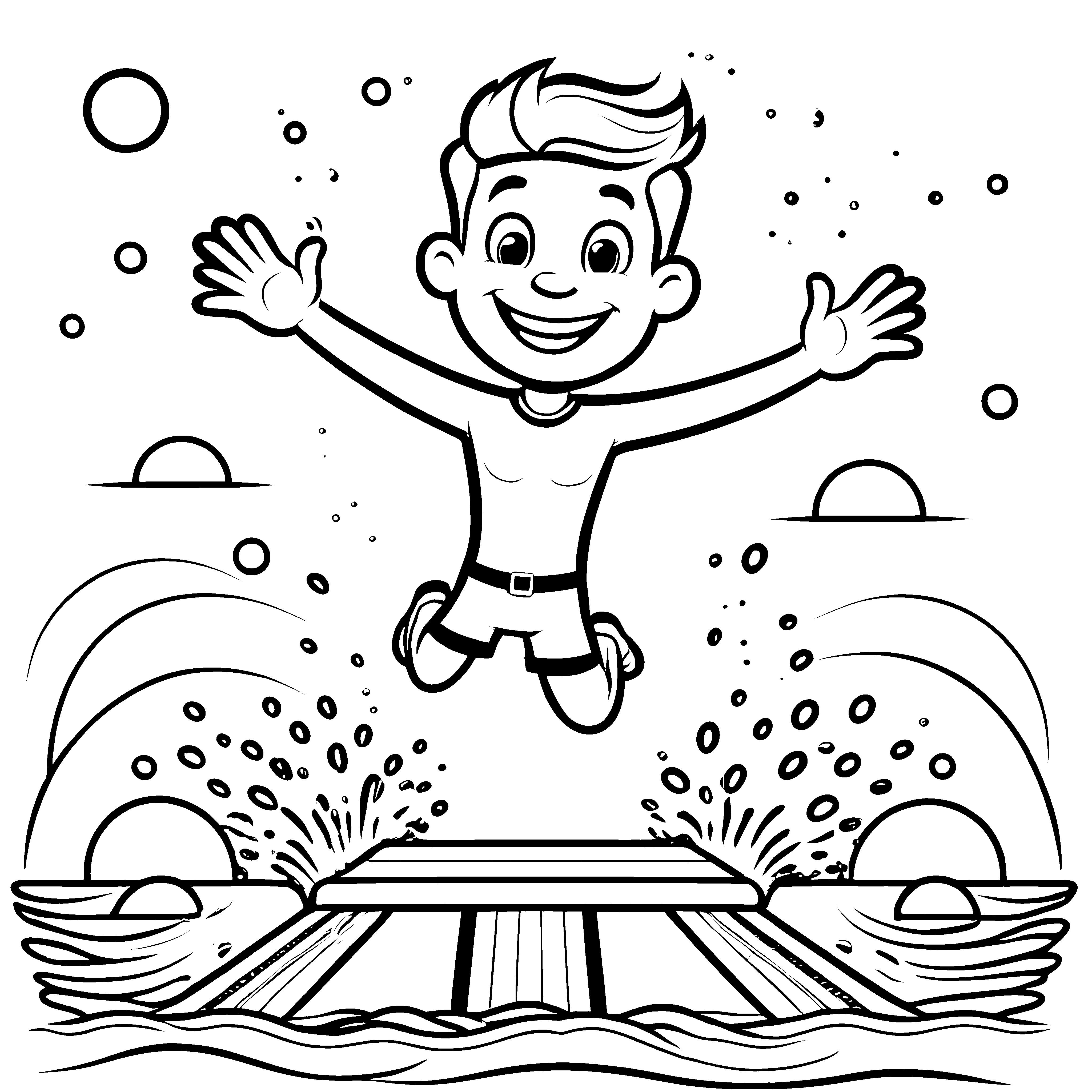 Springender Abenteurer über spritzigem Wasser Ausmalvorlage für kühne Wasserhelden