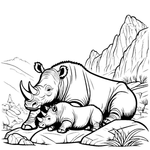 Bezauberndes Wollnashorn-Muttertier mit ihrem flinken Kalb Ausmalmotiv für kleine Tierliebhaber und Entdecker