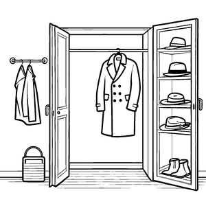 Kreativer Herren Mäntel vor dem offenen Kleiderschrank Ausmalmotiv für modebewusste Entdecker