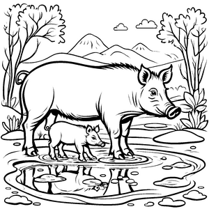 Wasserspaß mit Wildschwein-Mama und ihrem Ferkel Ausmalmotiv für kleine Abenteurer auf Entdeckungstour