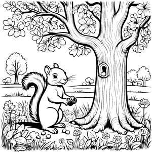 Niedliches Eichhörnchen mit Apfel unter Eiche Ausmalbild für kleine Naturfreunde