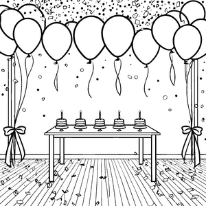 Festlicher Geburtstagstisch mit bunten Luftballons Ausmalvorlage für lebhafte Partyhelden