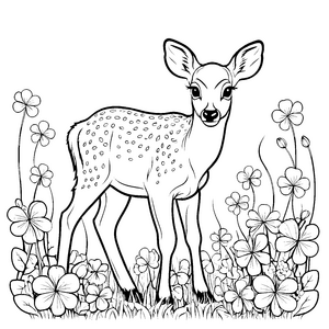 Bezauberndes Riesenhirsch-Jungtier zwischen weißen Blumen Malvorlage für fantasievolle Naturentdecker
