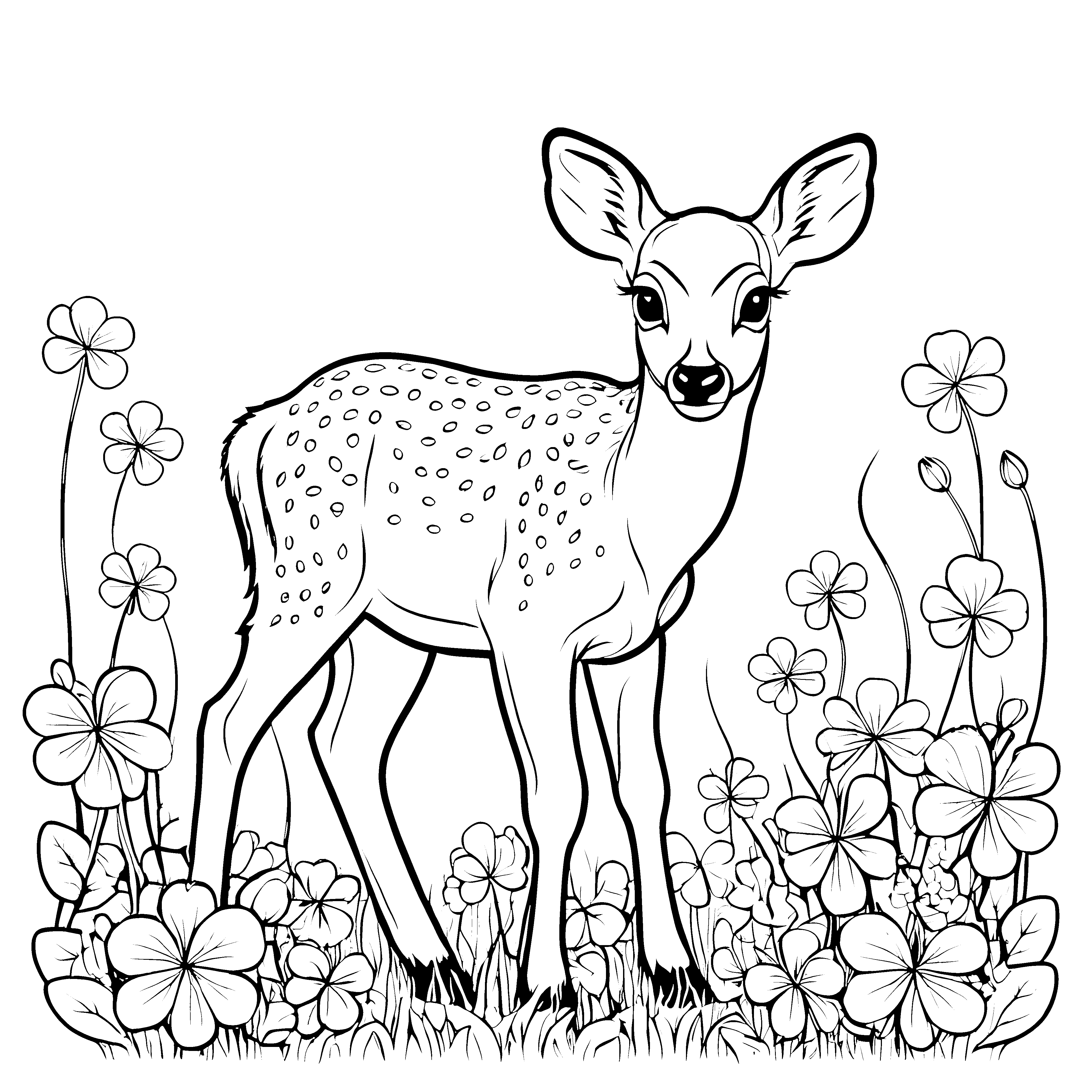Bezauberndes Riesenhirsch-Jungtier zwischen weißen Blumen Malvorlage für fantasievolle Naturentdecker