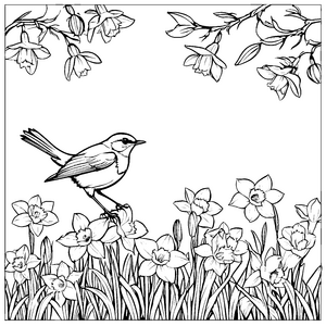 Bezaubernder Vogel auf bunten Blüten Malvorlage für neugierige Naturerkunder