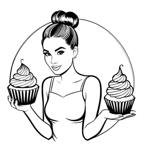 Bezaubernde Frau mit zwei köstlichen Cupcakes Malvorlage für süße Naschkatzen