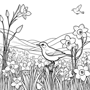 Friedlicher Vogel auf sanften Gräsern mit bunten Blumen Ausmalbild für kleine Naturträumer
