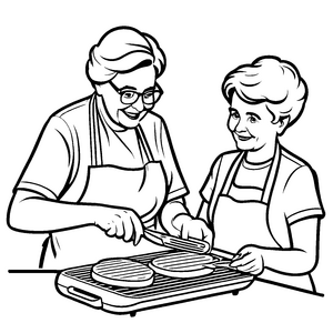 Zwei lächelnde Kochfreundinnen bei Pancake-Party Ausmalvorlage für fröhliche Küchenzauberer