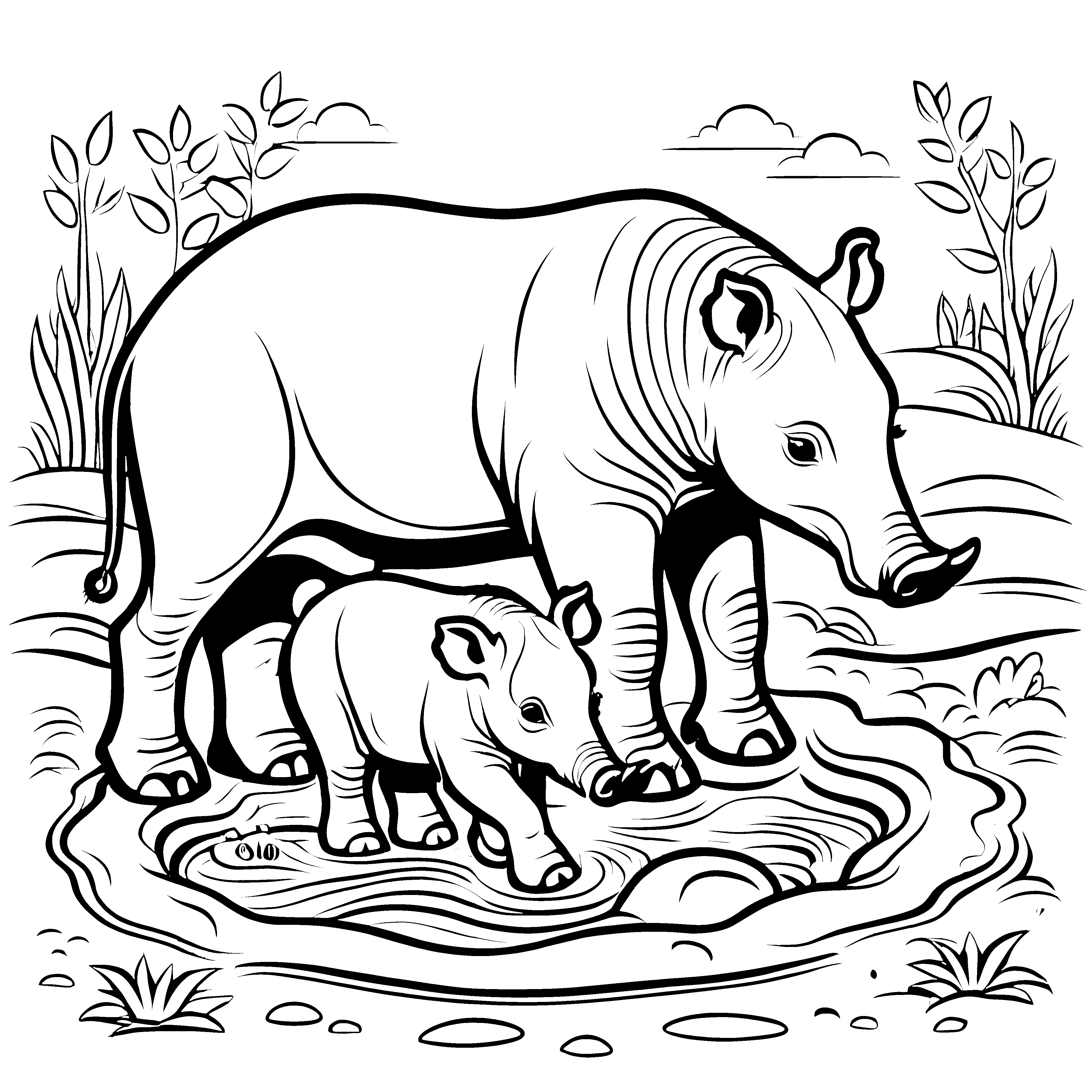 Tapir Jungtiere mit ihrem süßen Baby Ausmalvorlage für kleine Tierfreunde