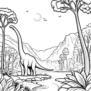 Gigantischer Brachiosaurus am glitzernden Fluss Ausmalmotiv für mutige kleine Forscher mit großen Träumen