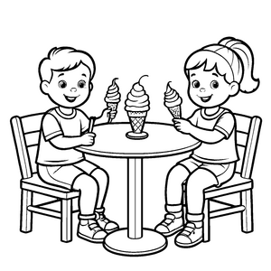 Zwei lächelnde Kinder am Tisch mit Eiscreme Bastelmotiv für kleine Schleckermäuler