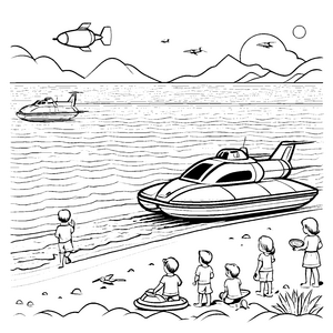 Luftkissenboot vor fröhlicher Familie am Strand Ausmalbild für kleine Entdecker