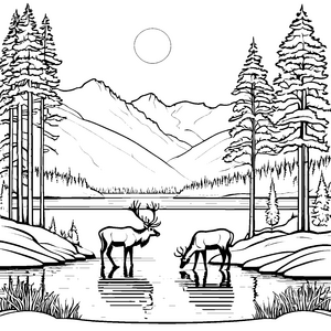 Zwei majestätische Rentiere im Teich Ausmalbild für kleine Naturfreunde